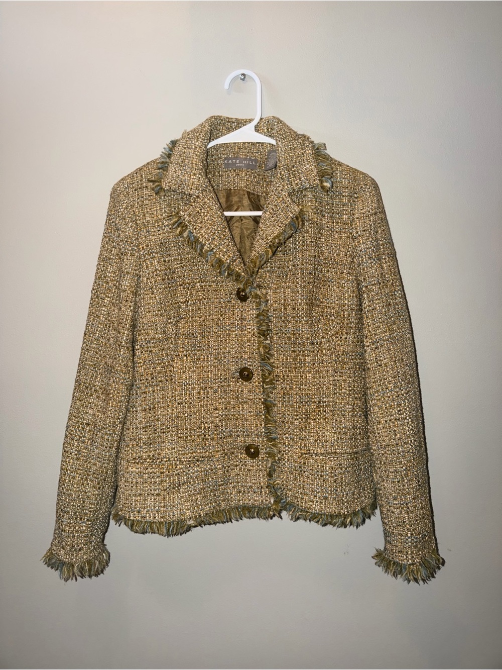 Y2K Classic Kate Hill Women’s 8P Wool Blend Gold-Tone Tweed Fringe-Trim Blazer